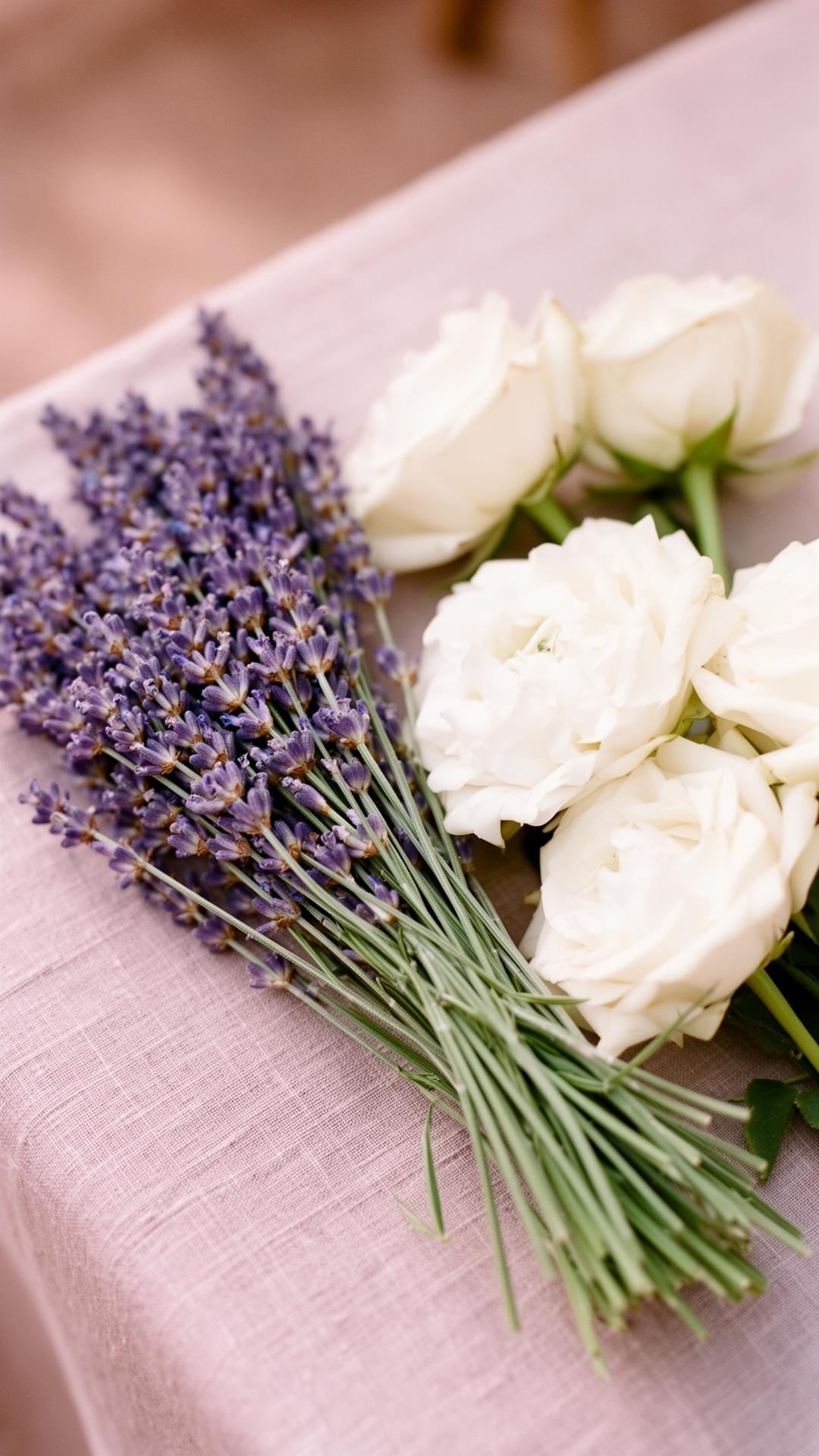 Fresh lavender stems and white roses on soft linen